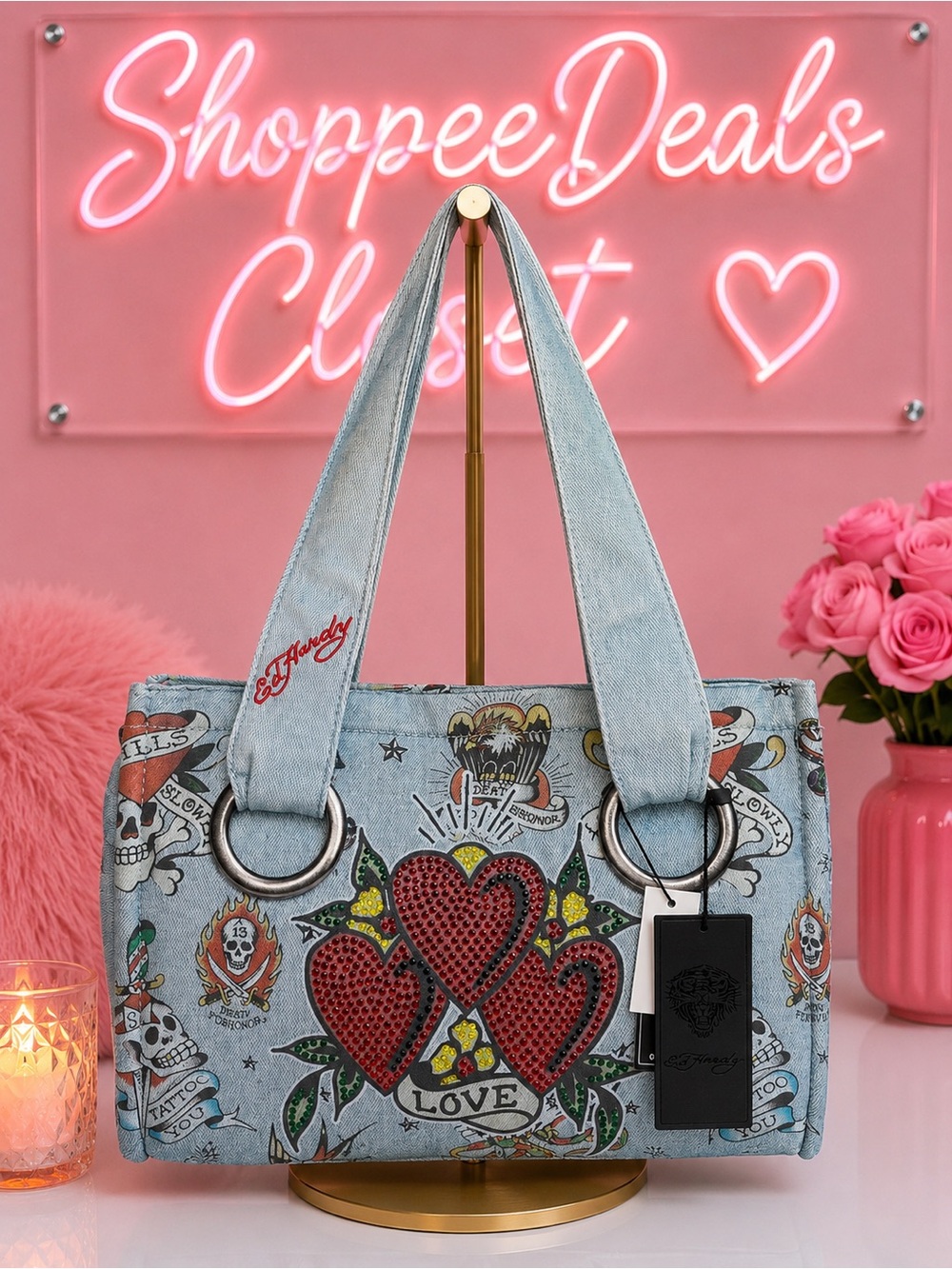 Ed Hardy Tattoo Print Denim Tote Bag Rhinestone Hearts Skull Y2K NWT